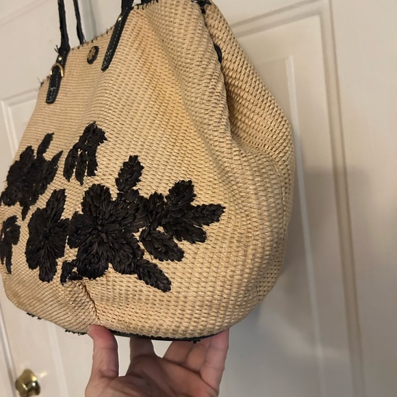 Tory Burch Black Floral Leather on Tan Tote - Picture 3 of 9